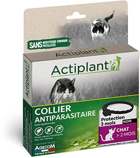 Boîte collier antiparasitaire chat Actiplant noir sans insecticide chimique protection 3 mois.