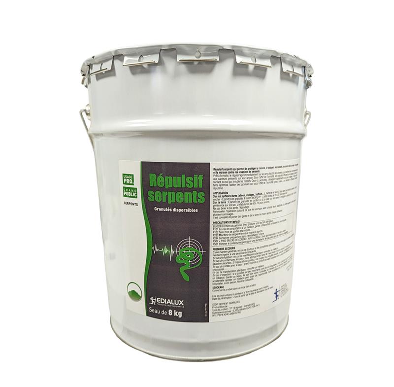 Seau de 8 kg de granulés répulsifs pour serpents Edialux, usage professionnel et grand public pour protection extérieure.