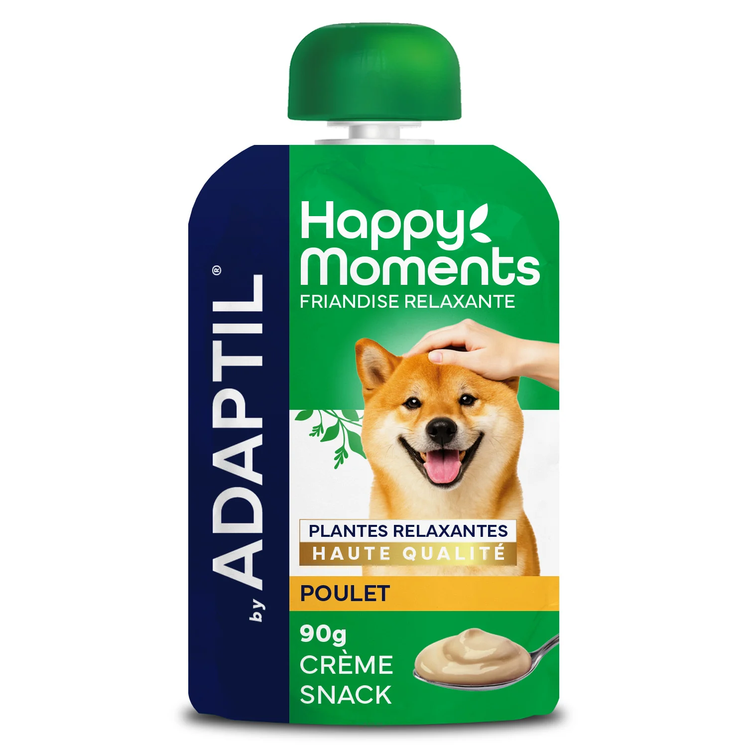 Gourde de 90g de creme snack relaxante au poulet pour chien Adaptil Happy Moments.