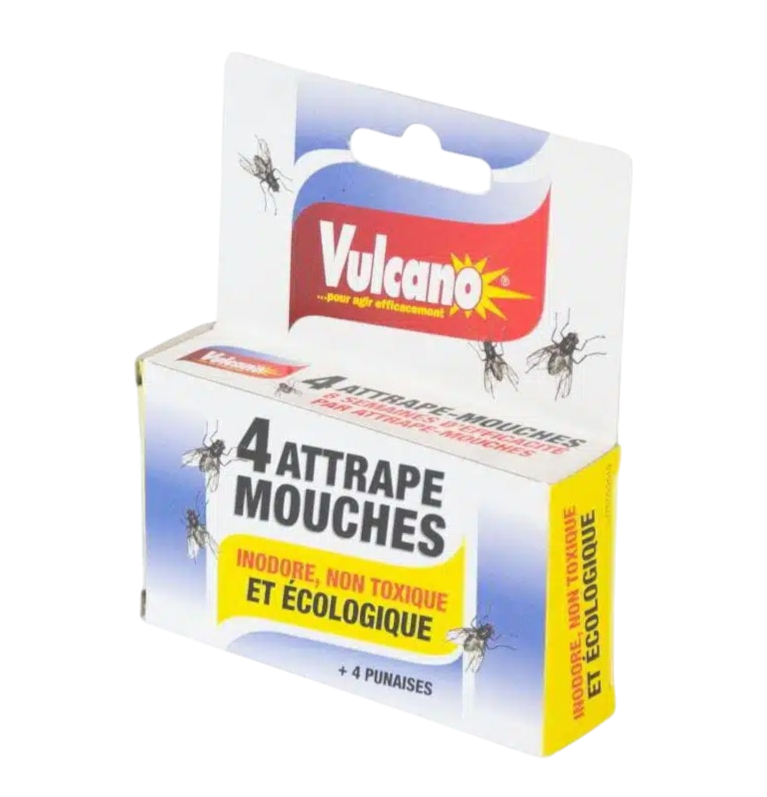 Boîte d'attrape-mouches Vulcano contenant 4 rubans collants écologiques et inodores avec punaises de fixation.