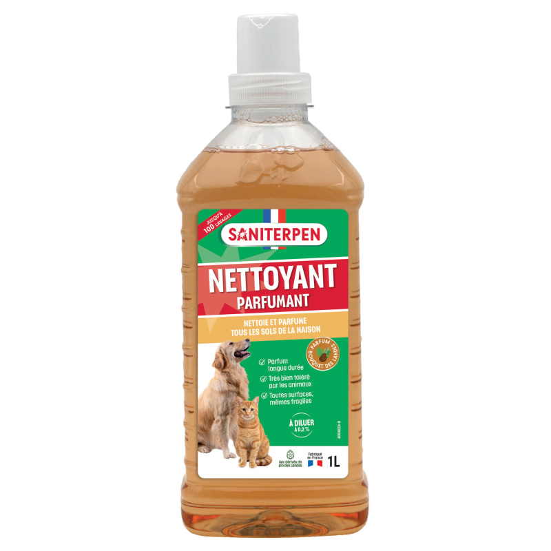 Flacon d'un litre de détergent nettoyant parfumant Saniterpen Bouquet des Landes pour sols avec illustrations d'un retriever et d'un chat roux.