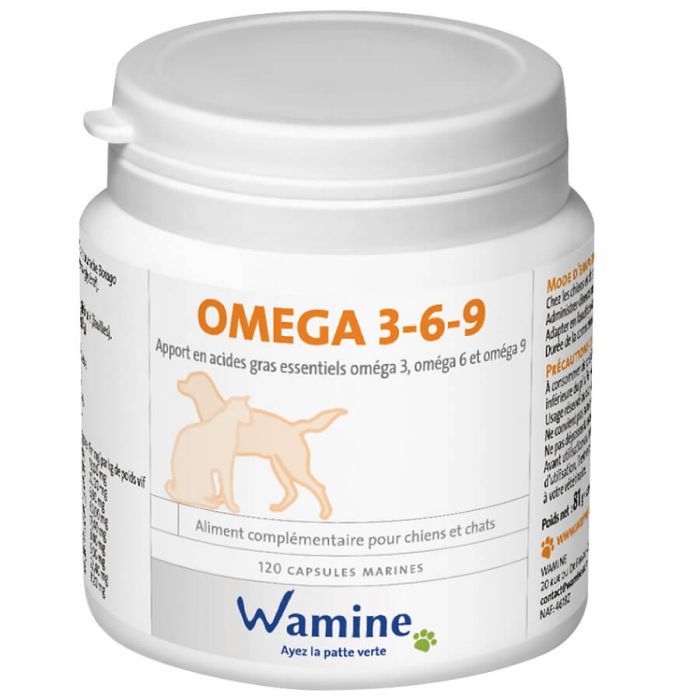 Pot Wamine Omega 3-6-9 120 capsules pour chiens et chats, soutien peau, pelage et articulations.