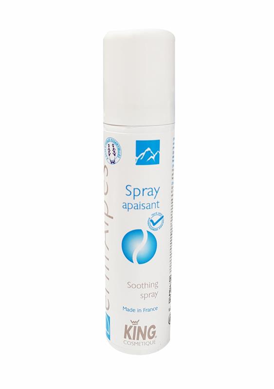 Petit flacon aérosol blanc de 75 ml de Spray Apaisant Derm'Alpes King Cosmétique testé sous contrôle dermatologique.