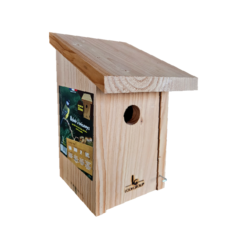 Nichoir à mésanges en bois clair Douglas avec toit incliné et ouverture circulaire de 32mm, fabriqué en France par LodiGroup.