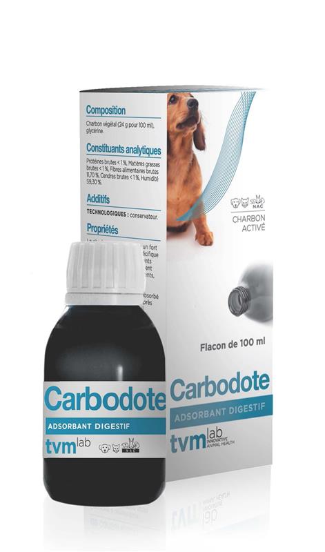 Boîte et flacon de 100 ml de Carbodote TVM, suspension buvable de charbon végétal activé pour le traitement des intoxications et l'inconfort intestinal chez le chien, le chat et les NAC.