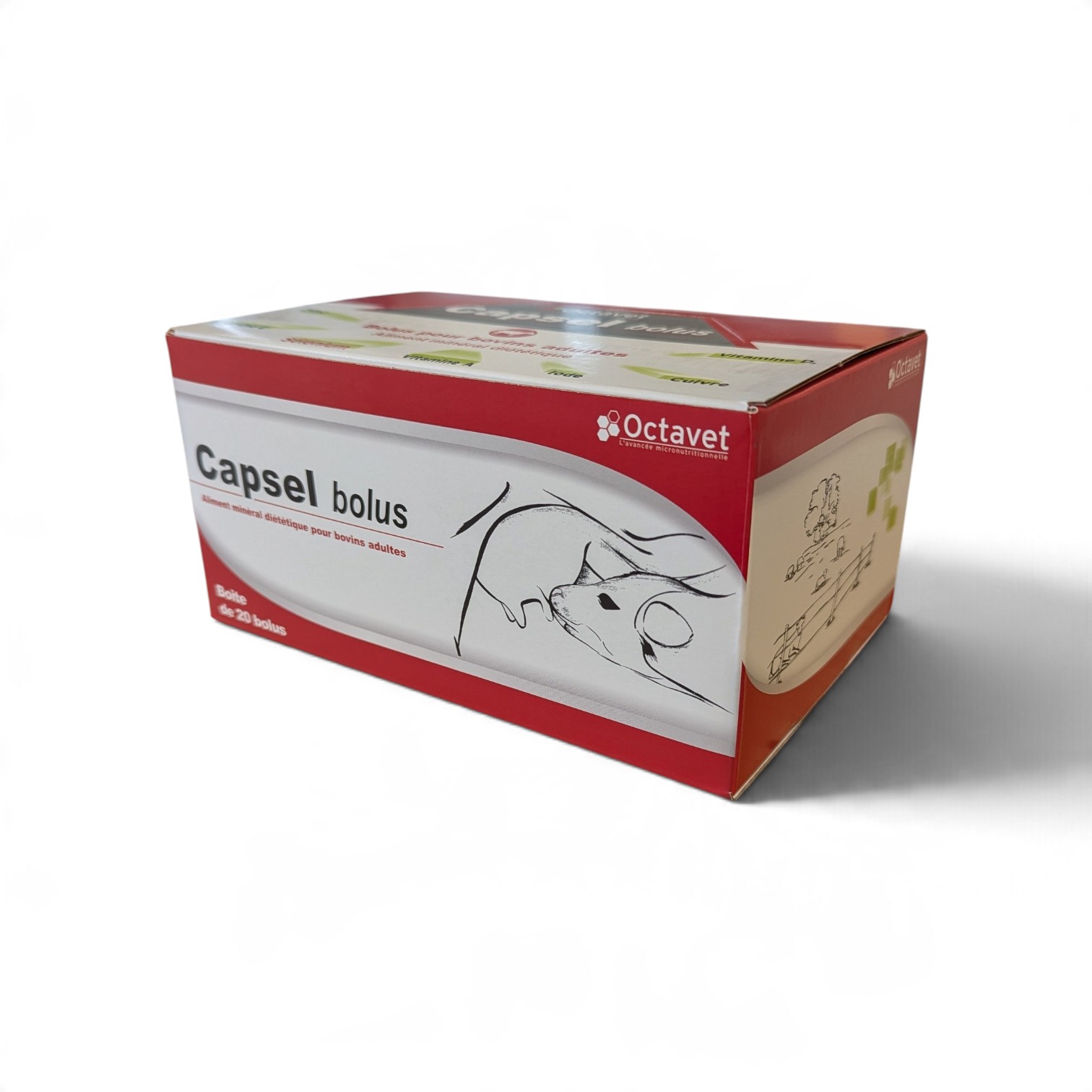 Boîte rouge et blanche de 20 bolus minéraux Capsel Bolus d'Octavet pour bovins adultes avec deux bolus de 70 g posés devant.