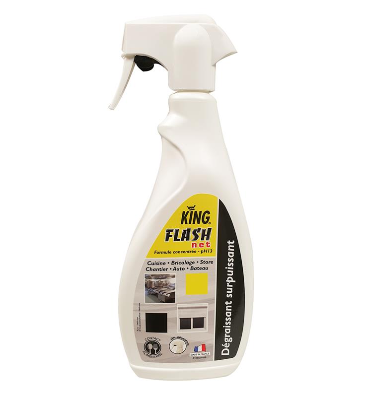 Pistolet spray de 750ml de dégraissant surpuissant FLASH'NET KING, flacon blanc avec étiquette jaune et noire, mentionnant pH 13 et fabriqué en France.
