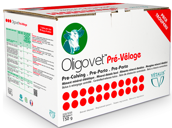 Boîte de 50 bolus Oligovet Pré-Vêlage Vétalis, minéraux pour vaches allaitantes et veaux vigoureux.