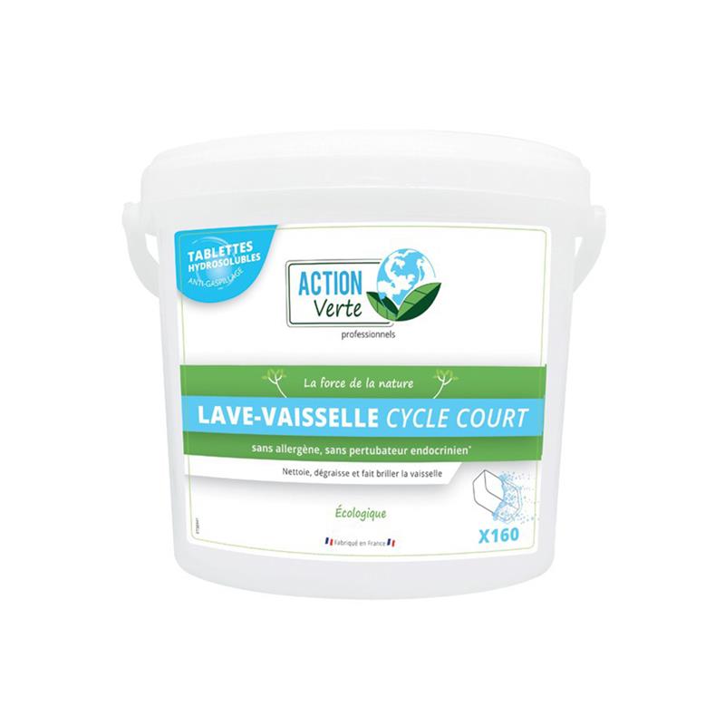 Seau Action Verte 160 tablettes lave-vaisselle cycle court ecocert sans allergène.