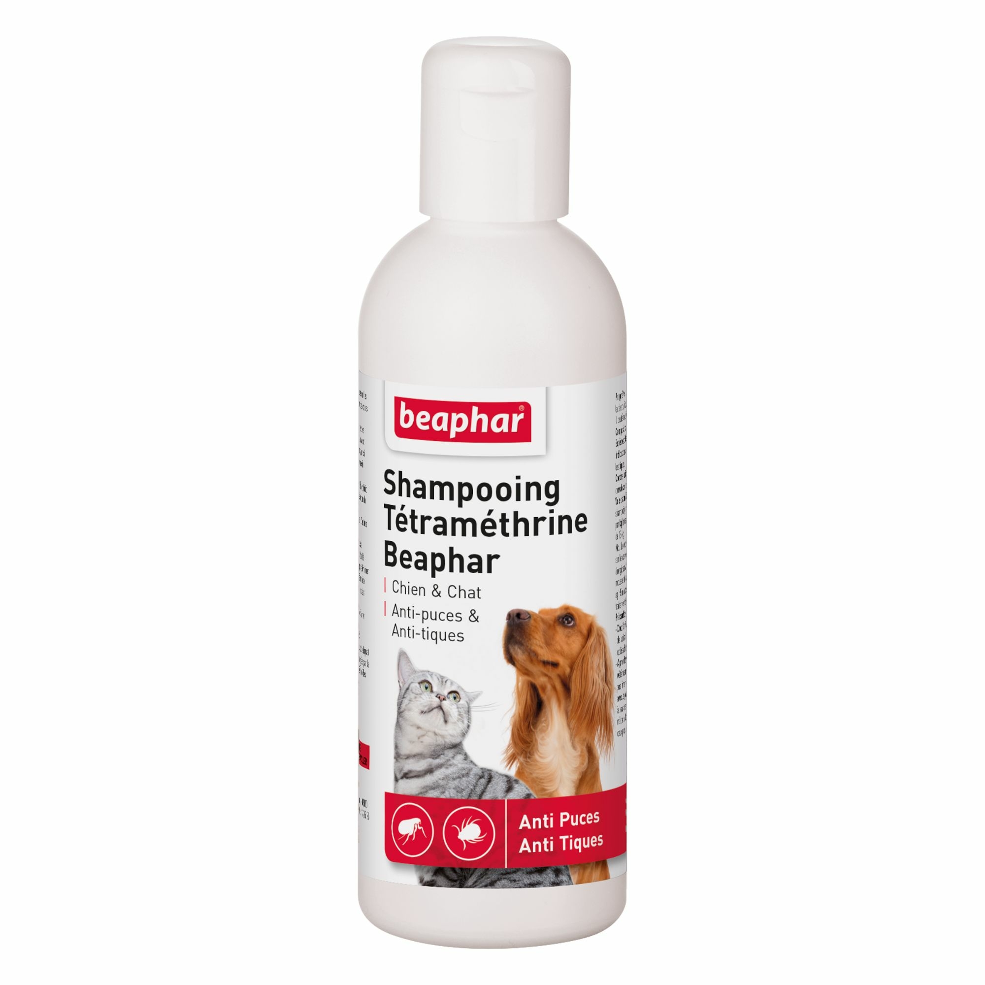 Flacon de 200ml de shampoing Tétraméthrine Beaphar blanc avec bouchon clapet, montrant un chien et un chat, destiné au traitement antiparasitaire externe.