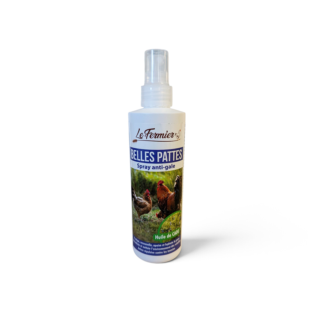 Spray de 250 ml Le Fermier Belles Pattes, soin anti-gale naturel à l'huile de cade pour poules et volailles, aide à la cicatrisation et apaise la peau.