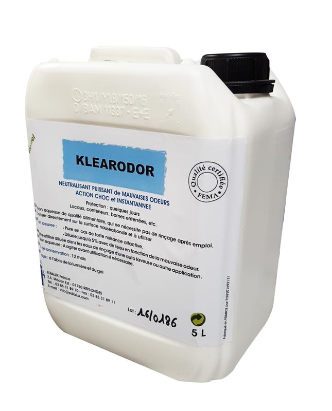 Bidon professionnel de 5 Litres de Klearodor neutralisant d'odeurs choc certifié FEMA GRAS pour containers, urines, fioul et incendie.
