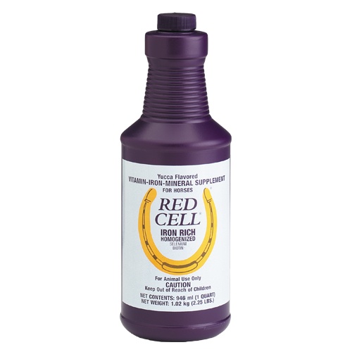 Bouteille violette de 946 ml de solution liquide énergétique Red Cell riche en fer pour cheval.