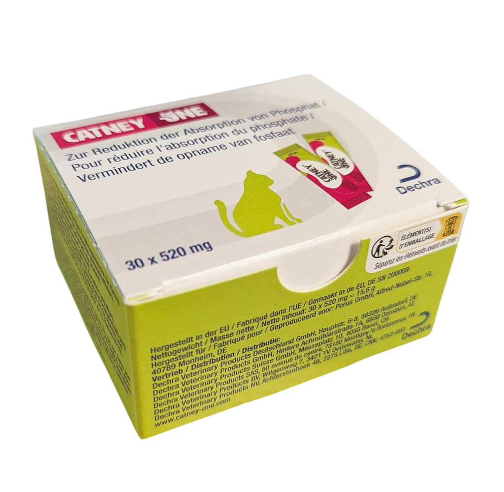 Boîte de Catney One Powder Chat Dechra 30 sachets fixateur de phosphate rénal.– Réduction de l’absorption du phosphate