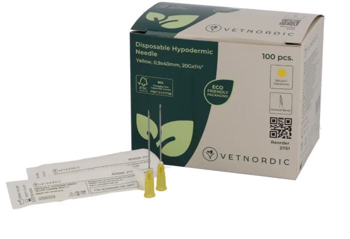 Boîte de 100 aiguilles hypodermiques VetNordic 20G Jaune 40mm, pour IM profonde et douce.