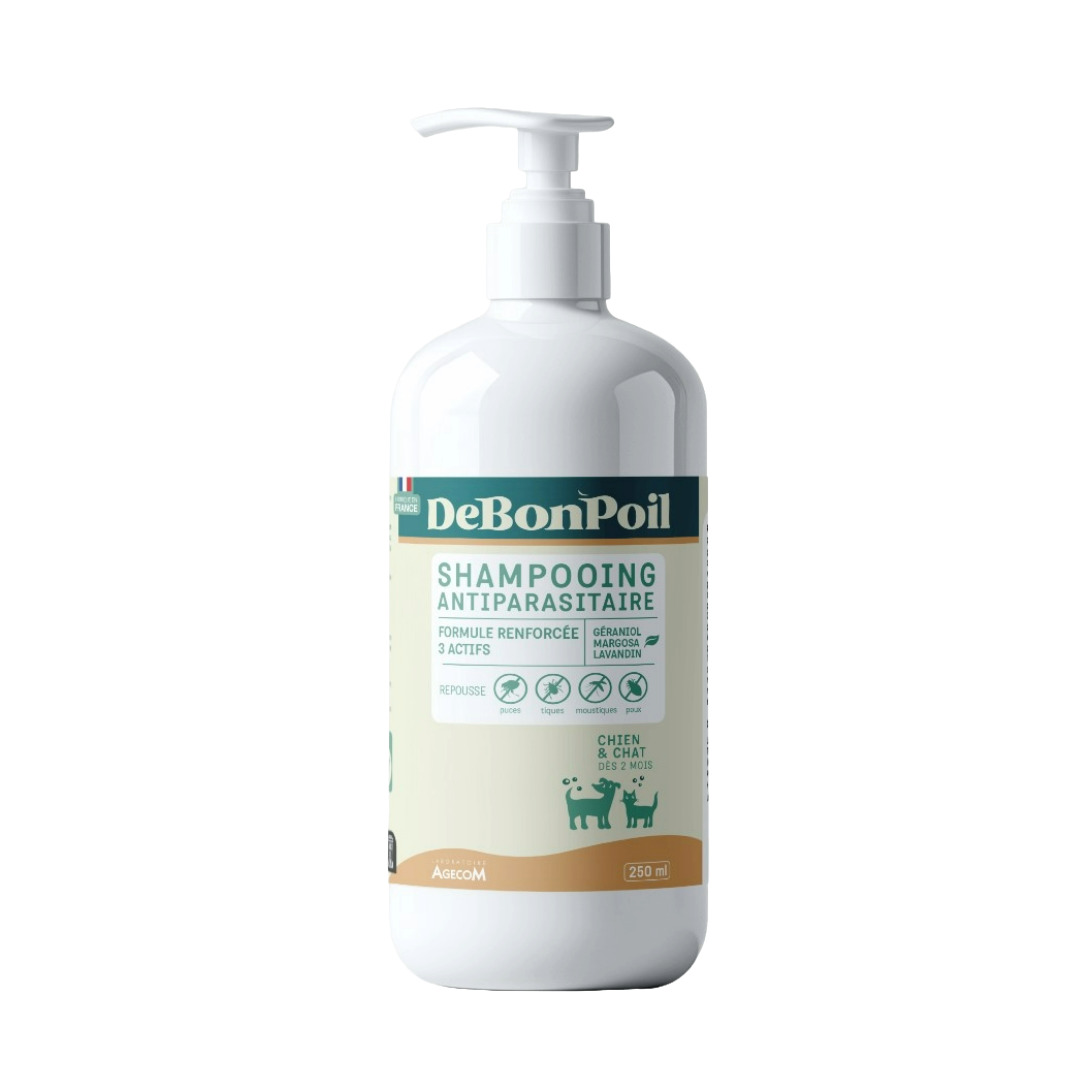 Flacon pompe shampooing antiparasitaire DeBonPoil chien chat géraniol margosa lavandin