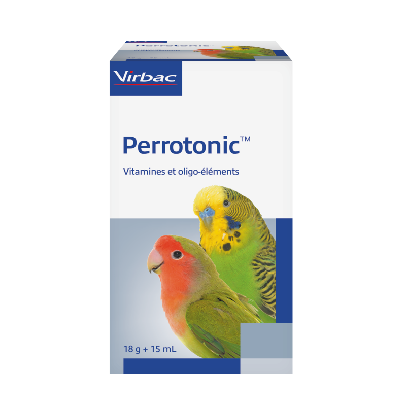 Boîte blanche et bleue de Perrotonic™ Virbac contenant de la poudre et une solution minérale, illustrée avec un perroquet et une perruche.