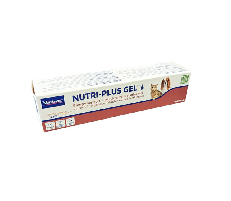 Boîte blanche et rouge Nutri-Plus Gel de Virbac, complément alimentaire énergétique pour chiens et chats de 120 g.