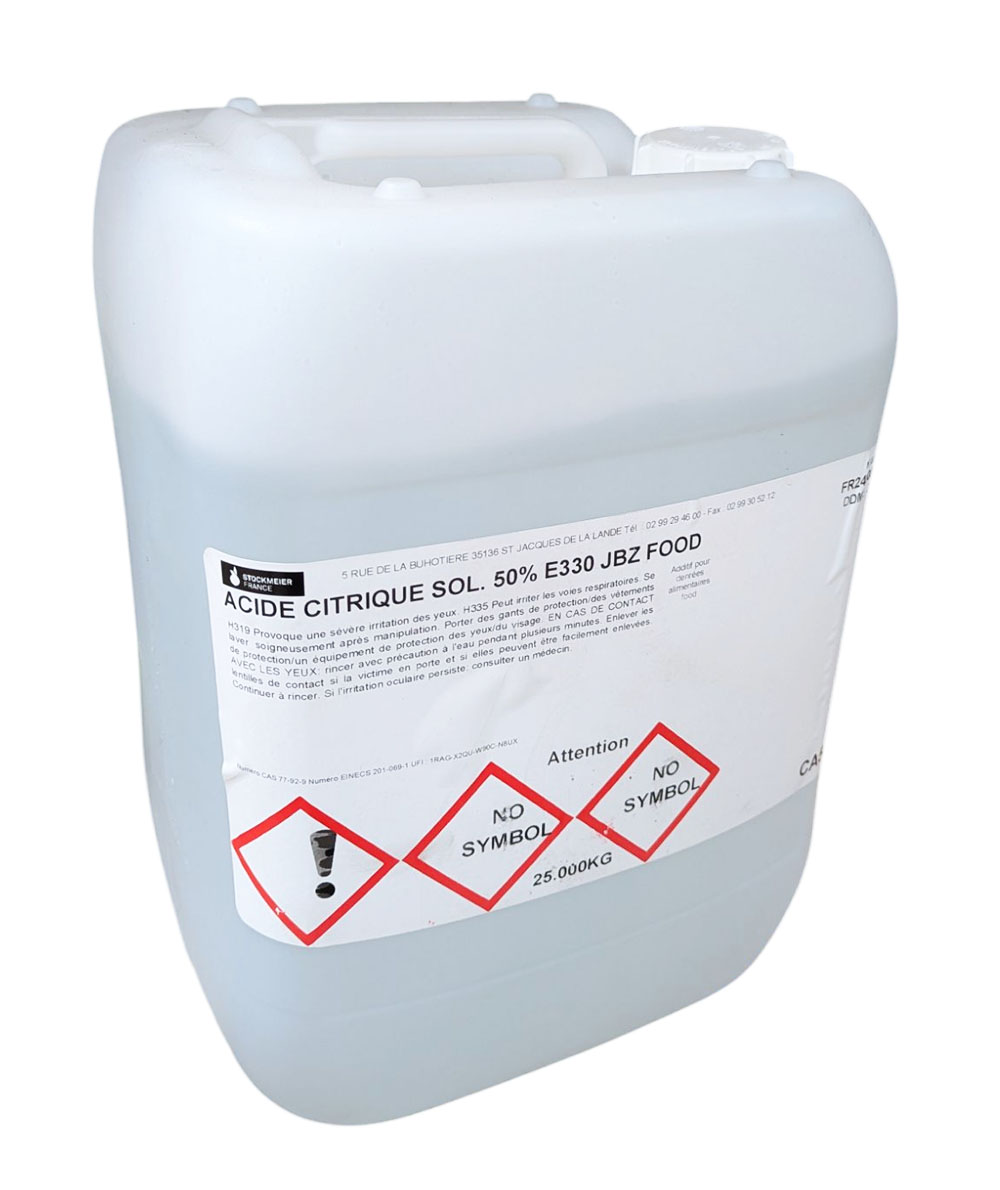 Bidon Acide Citrique Solution 50% E330 25kg - Qualité Alimentaire et Élevage.