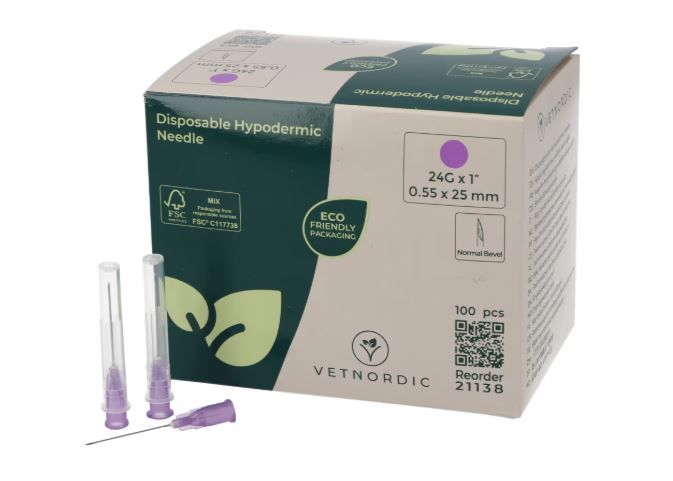 Boîte de 100 aiguilles hypodermiques VetNordic 24G Violette 25mm, pour NAC et veines fines.