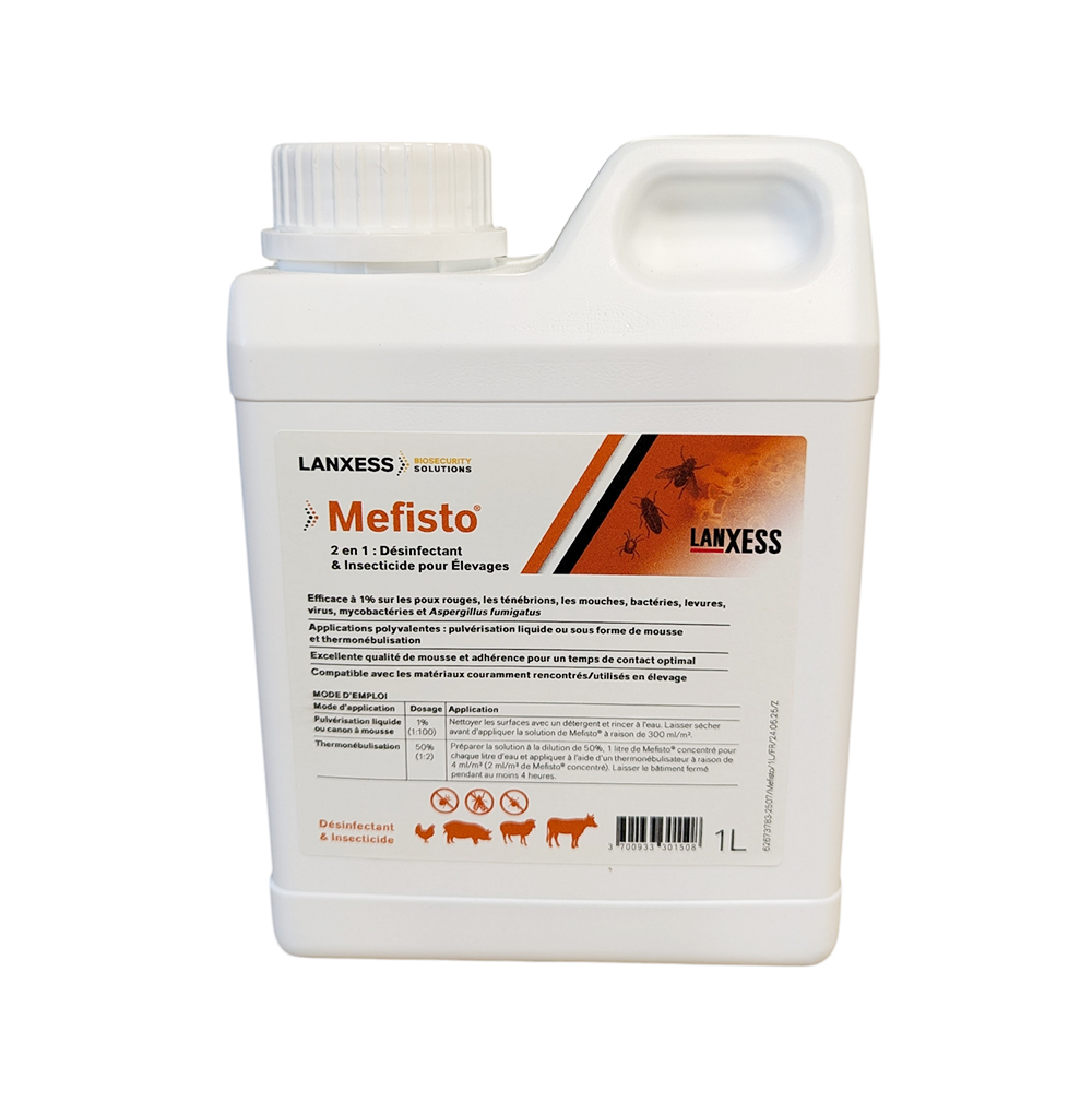 Bidon de 1 litre de Mefisto LANXESS, solution 2-en-1 désinfectante et insecticide pour l'élevage, efficace contre les virus, bactéries, poux rouges et ténébrions.