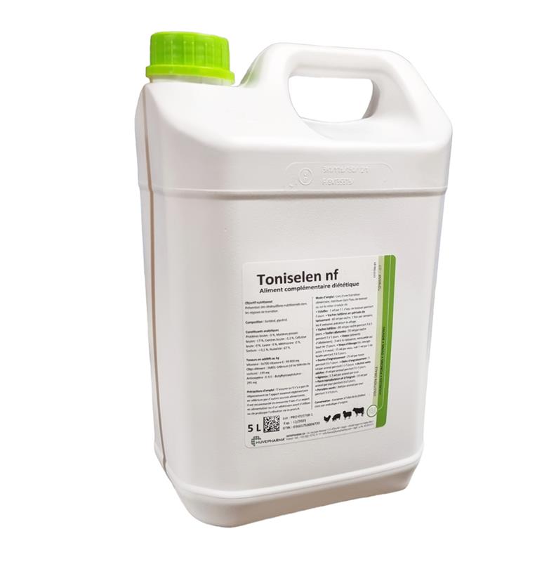 Bidon blanc de 5 litres de Toniselen NF de Huvepharma, solution buvable pour animaux d'élevage avec poignée de transport.