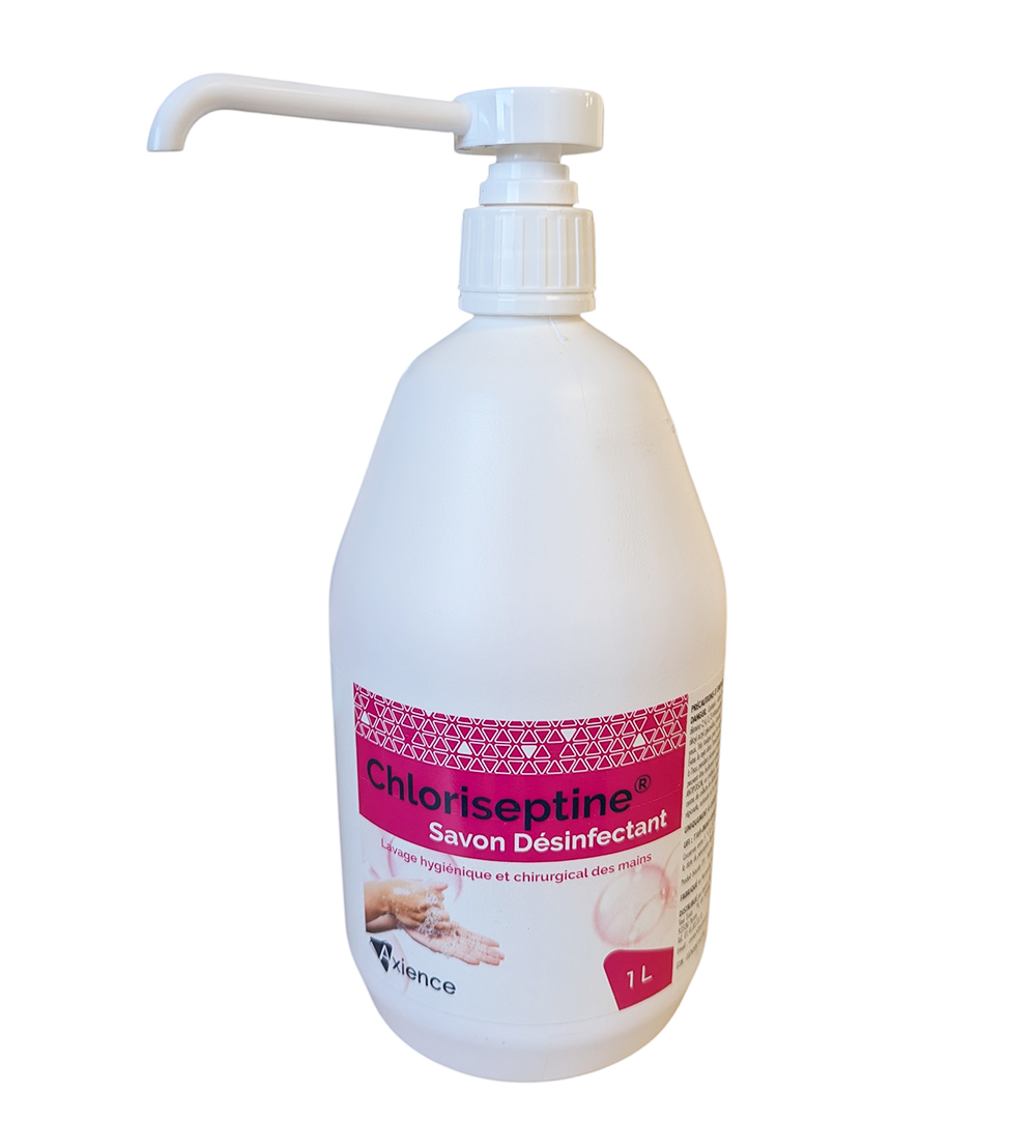 Savon désinfectant CHLORISEPTINE 1L avec pompe – hygiène antiseptique des mains pour milieux médicaux et vétérinaires