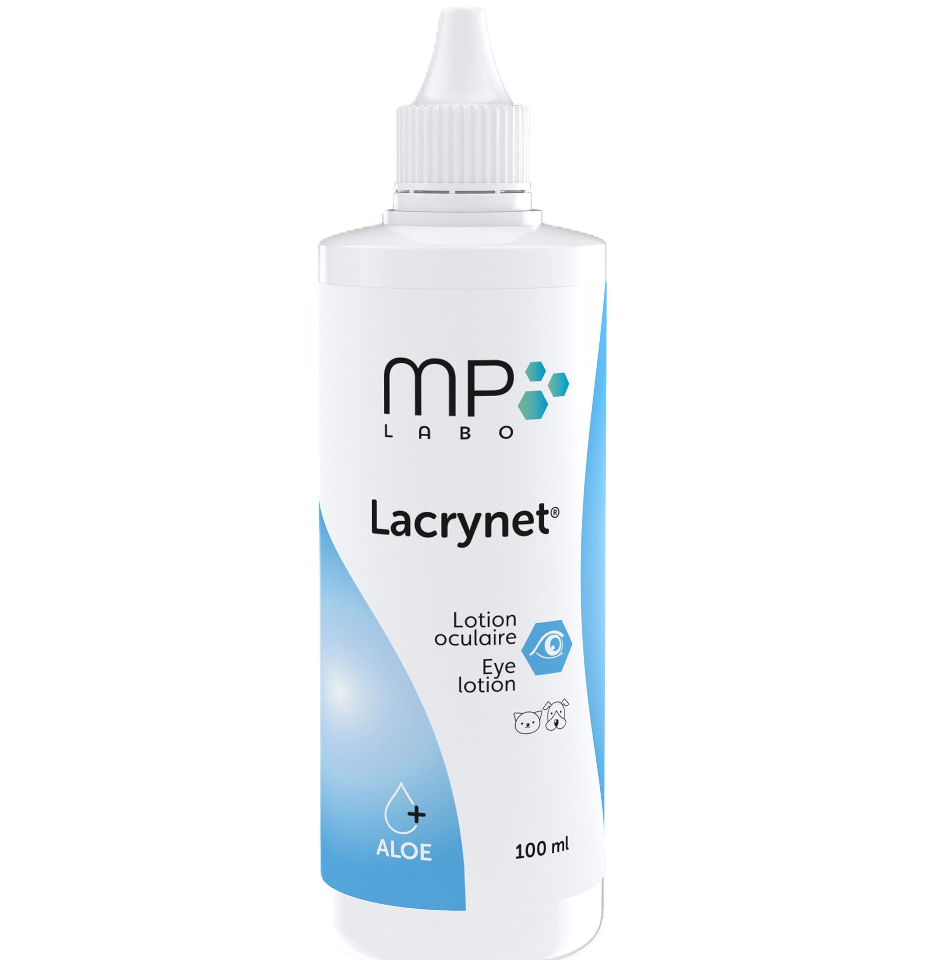 Flacon blanc de 100 ml de lotion oculaire Lacrynet MP Labo à l'aloe vera pour le nettoyage des yeux des chiens et des chats.
