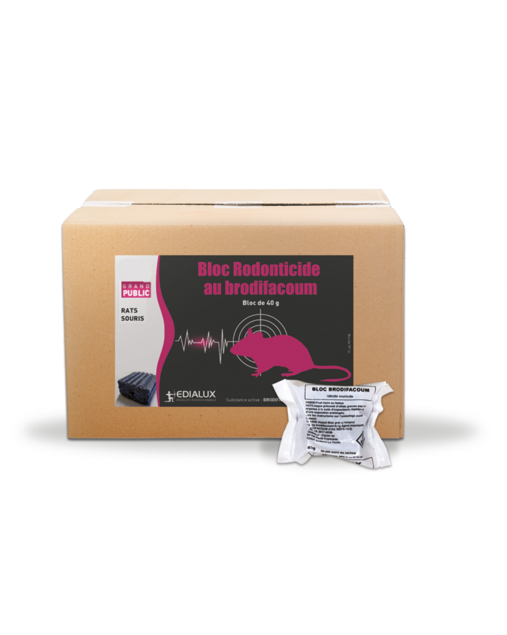 Carton de 10 kg de Blocs Rodonticides au Brodifacoum Edialux pour usage grand public et professionnel, incluant des sachets de 40g pour la lutte contre les rats et souris.