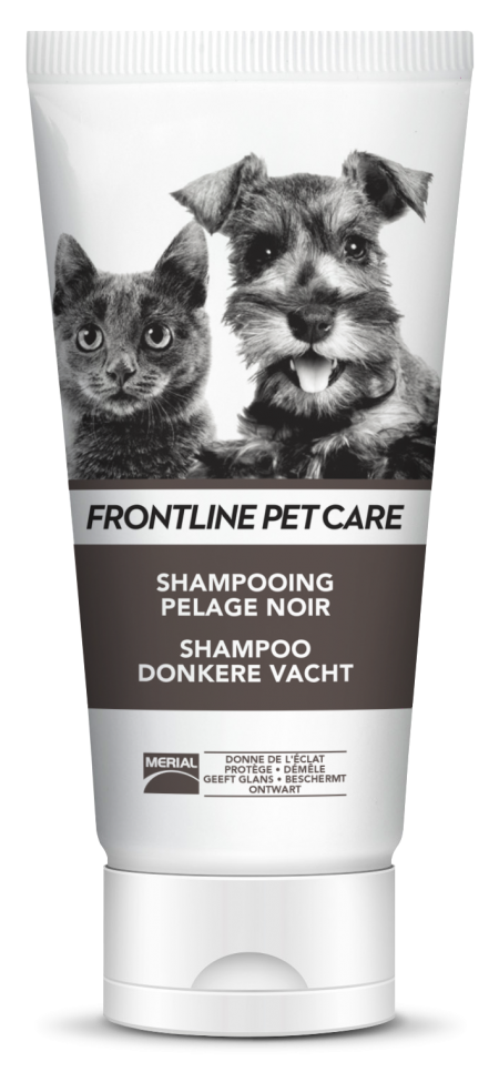 Tube de Frontline Pet Care Shampooing Pelage Noir 200 ml pour chiens et chats, soin nettoyant et raviveur d’éclat pour poils foncés.