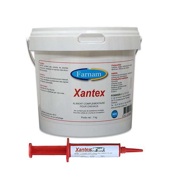 Seringue orale rouge Xantex de 12 ml et seau de 1 kg Farnam Pommier Nutrition pour les capillaires pulmonaires du cheval.