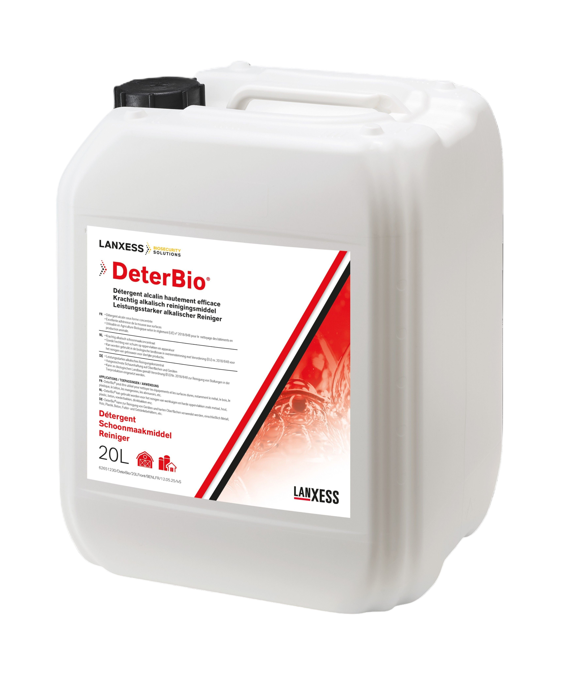 Bidon 20L DeterBio® LANXESS détergent alcalin moussant pour nettoyage élevage bio.