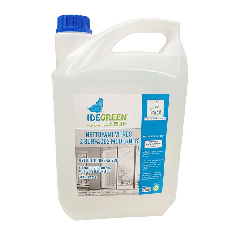 Bidon de 5L de nettoyant vitres écologique IDEGREEN certifié Écolabel Européen, liquide incolore parfum Lotus Cocoon pour vitres et surfaces modernes.