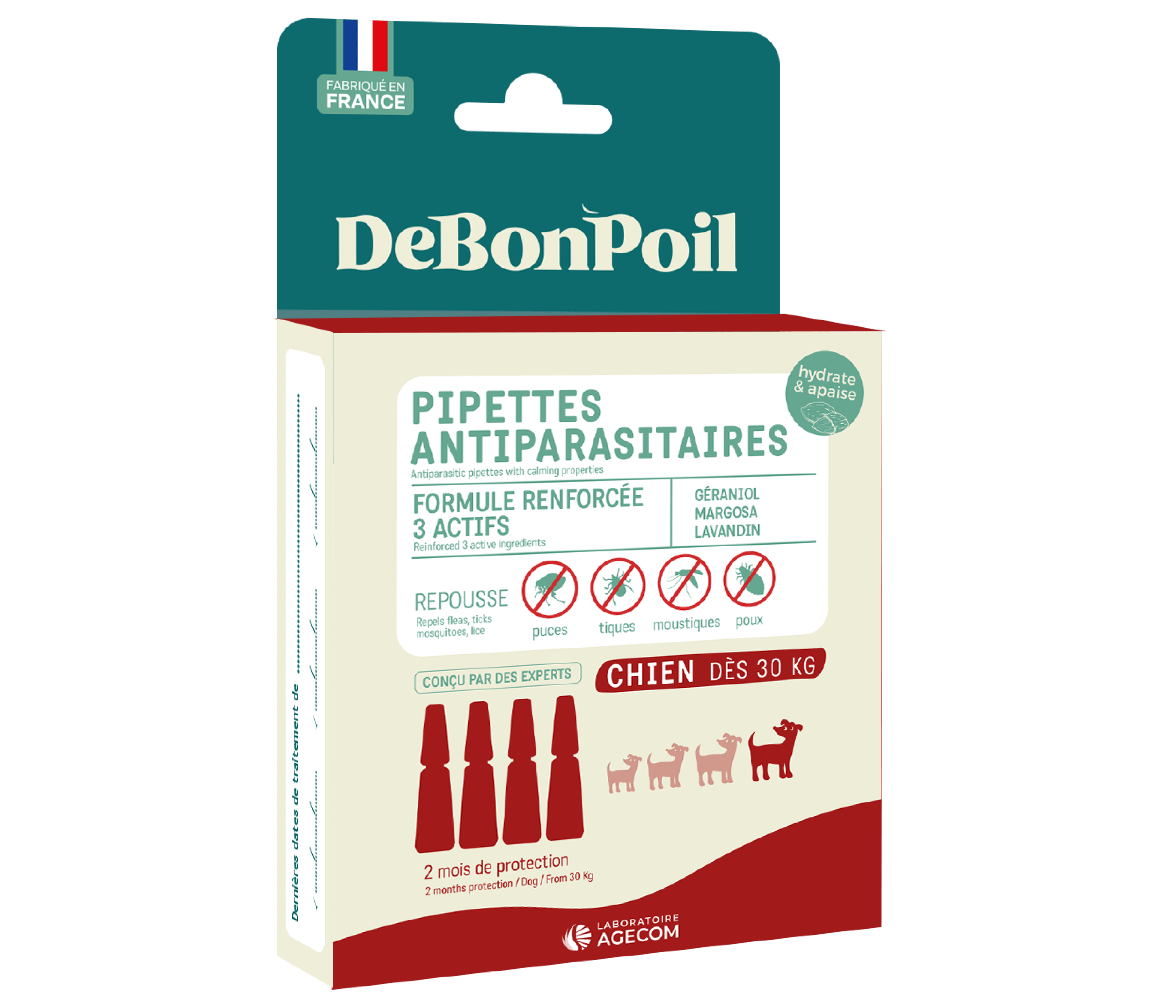 Boîte verte et beige de 4 Pipettes Antiparasitaires DeBonPoil pour grand chien de plus de 30 kg fabriquées en France par Agecom.