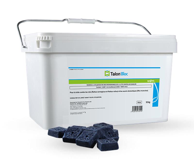 Seau de 10kg de Talon Bloc Syngenta, rodenticide professionnel à base de Brodifacoum pour le contrôle des rats et souris en milieux humides.