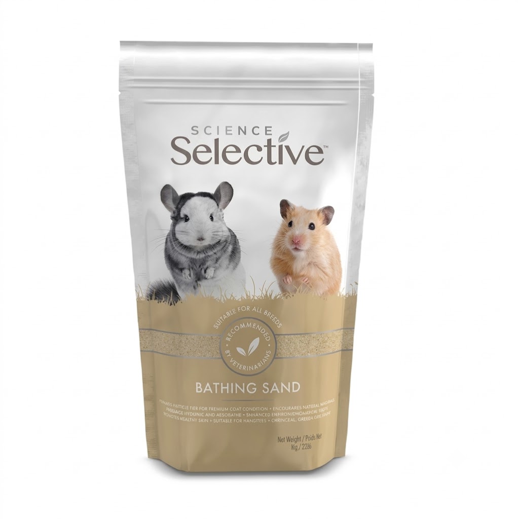 Sachet Doypack de 1 kg de sable de bain Supreme Science Selective Bathing Sand avec visuels de chinchilla et hamster.