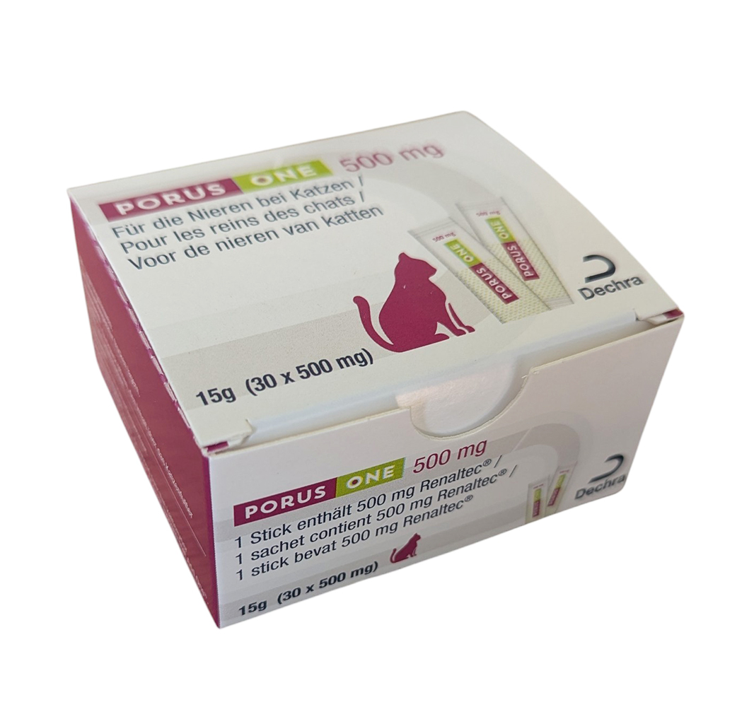 Boîte de Porus One Dechra pour chats contenant 30 sachets de 500 mg, avec une illustration de chat mettant en évidence la fonction rénale.