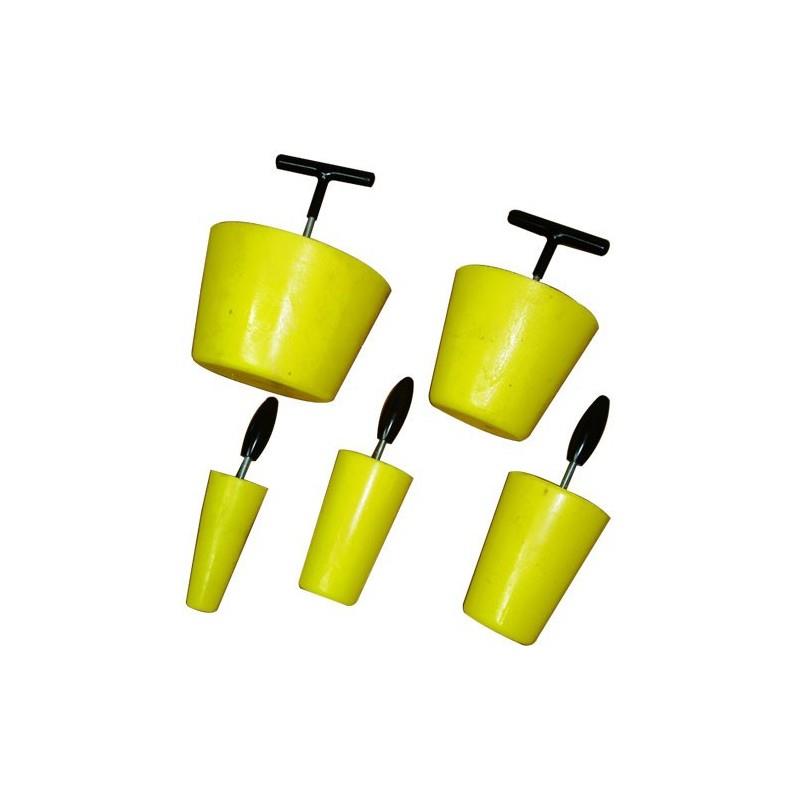 Obturateur conique jaune en polyuréthane Ø 92mm avec poignée noire de manutention.