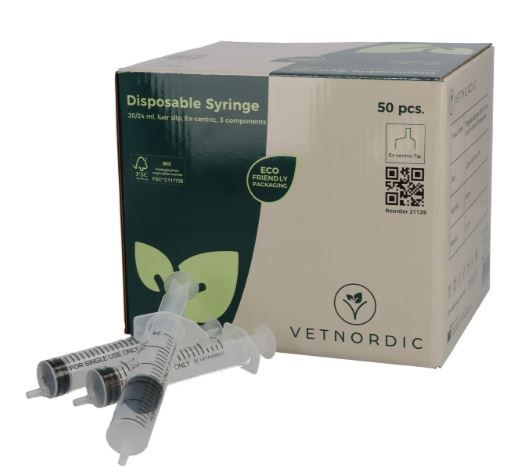 Boîte de 50 seringues VetNordic 20ml graduées 24ml embout excentré luer slip.