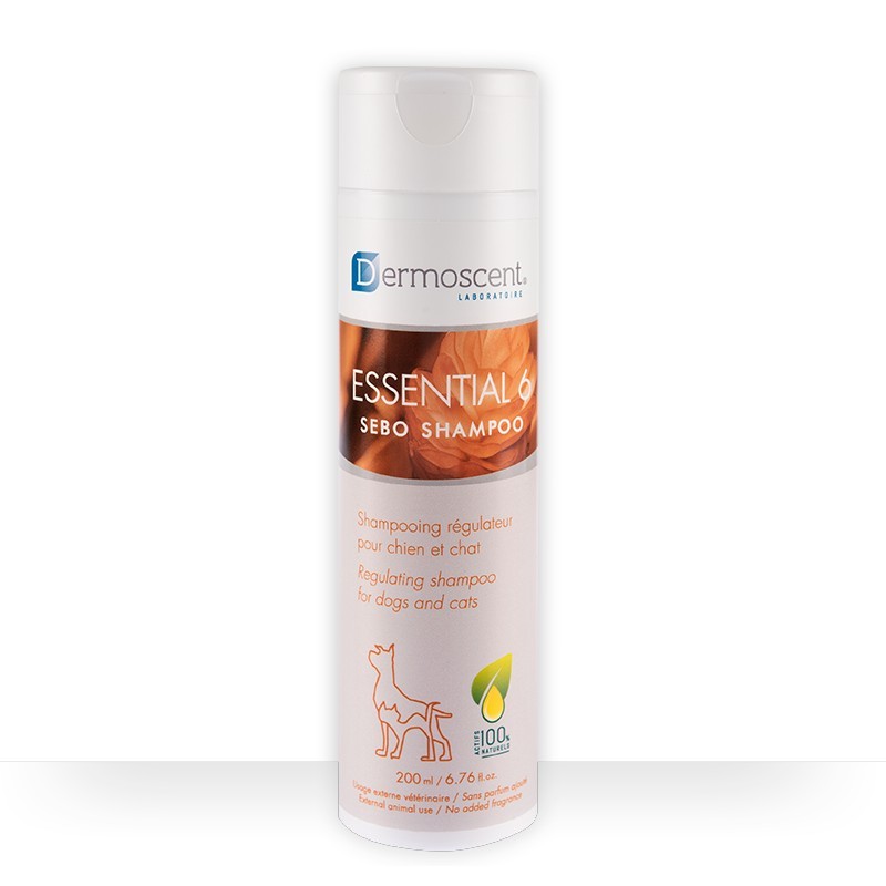 Flacon Dermoscent Essential 6 Sebo Shampoo chien et chat 200ml régulateur sébum sans savon.
