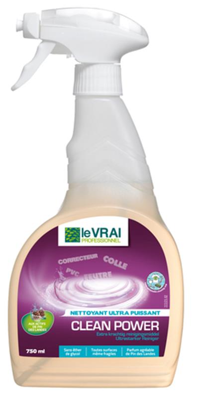 Flacon spray transparent de 750 ml Le Vrai Professionnel Clean Power nettoyant ultra puissant détachant pour colles, encres et feutres.