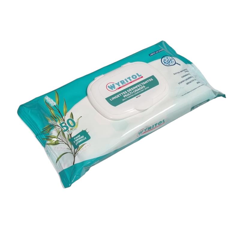 Étui souple blanc de 50 lingettes désinfectantes WYRITOL multi-usages, mentionnant l'élimination de 99,9% des bactéries et virus et l'efficacité sur le Coronavirus.