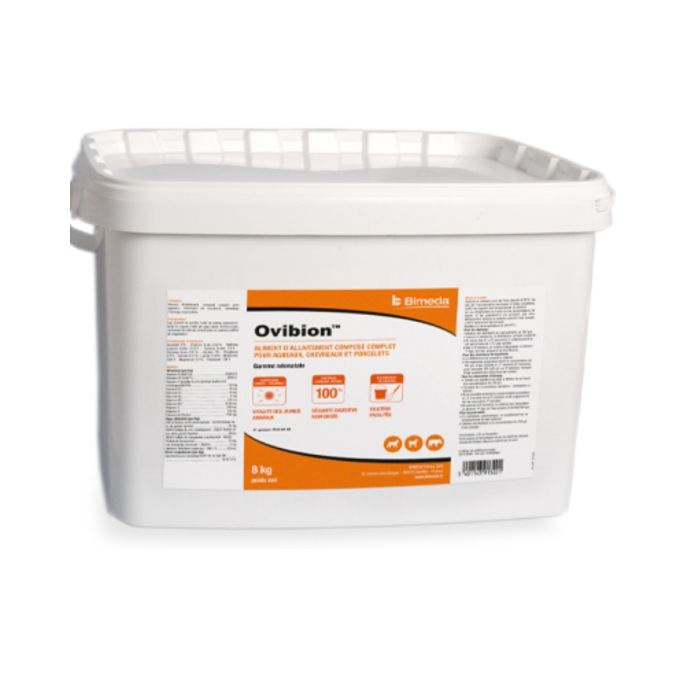 Seau de 8 kg d'Ovibion Bimeda, lait d'allaitement complet pour jeunes ruminants et porcelets, garantissant vitalité et sécurité digestive.