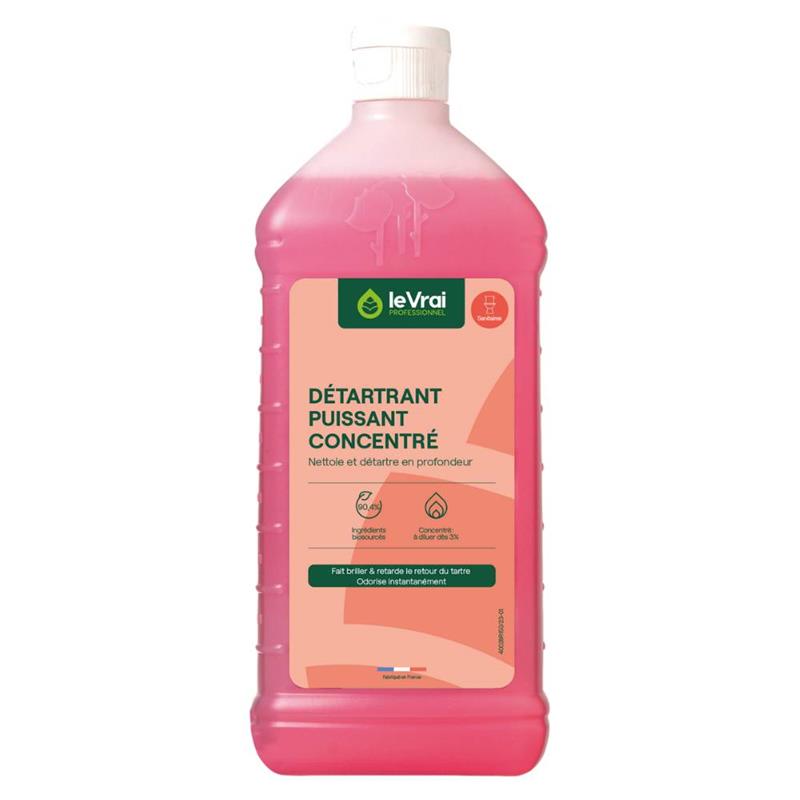 Flacon transparent d'un litre de détergent Détartrant Puissant Concentré Le Vrai Professionnel au liquide rose et étiquette saumon.