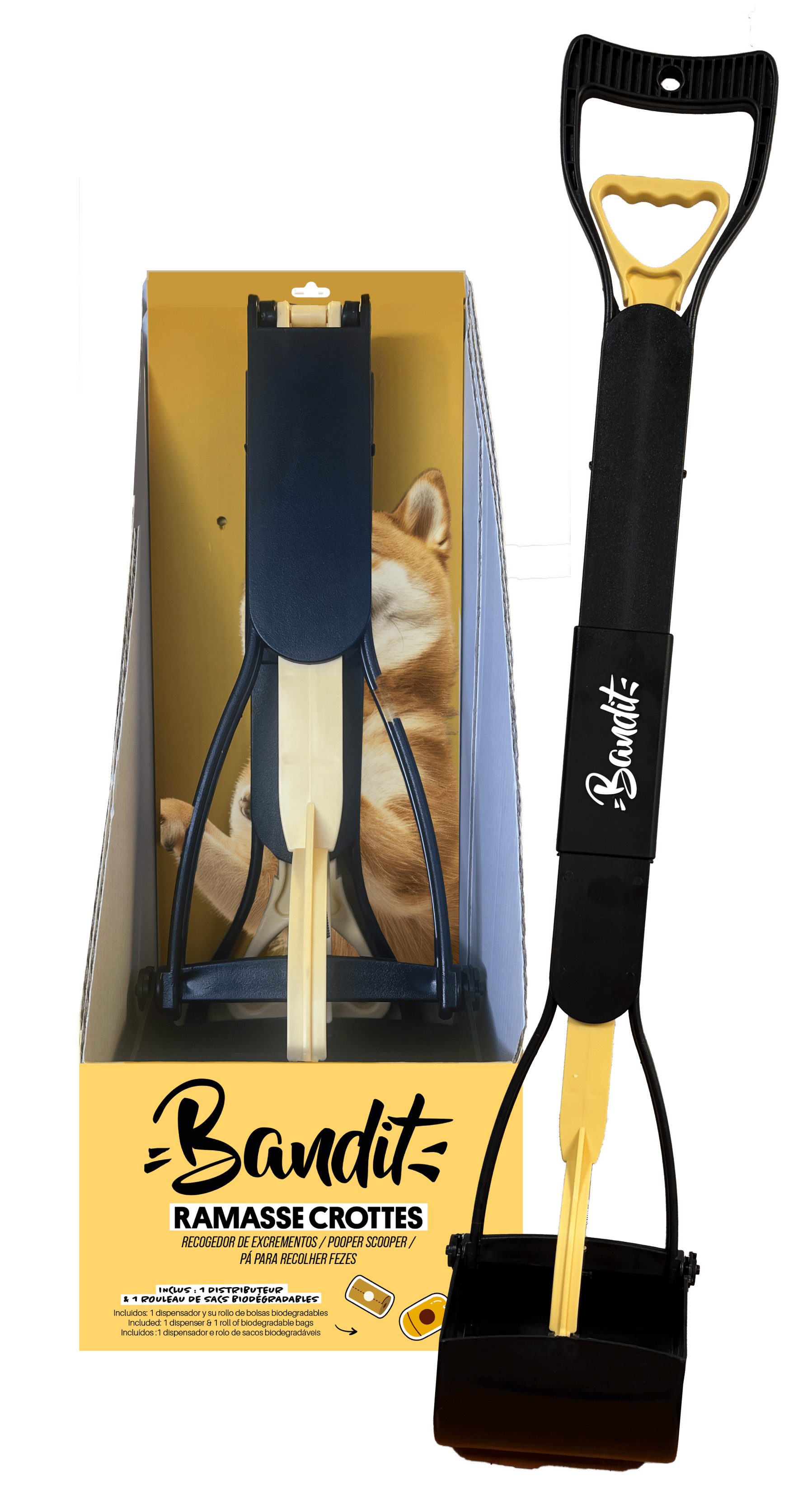 Accessoire ramasse crottes automatique à long manche Bandit noir et jaune avec sa boîte d'emballage illustrée.