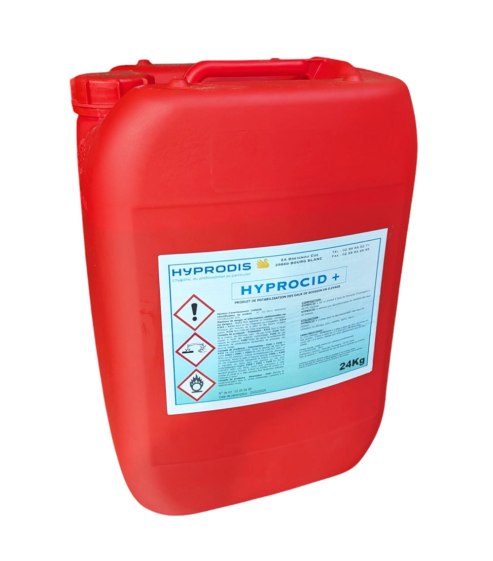 Bidon rouge de 24 kg d'HYPROCID+, solution de potabilisation des eaux de boisson en élevage à base d'eau oxygénée stabilisée à 50%.