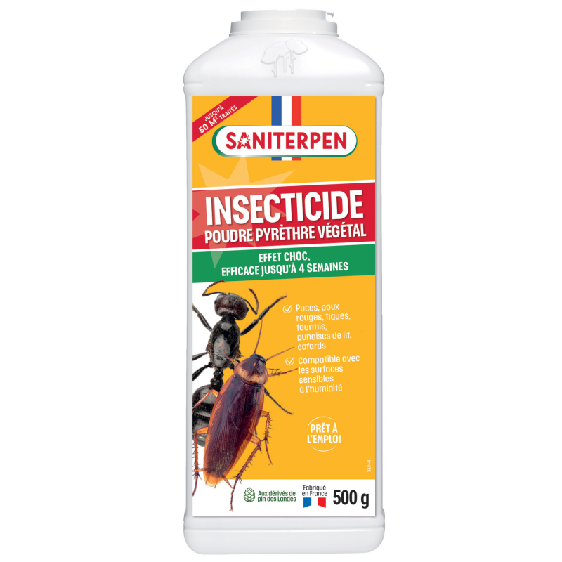 Grand flacon poudreur blanc de 500g de Saniterpen Insecticide Poudre au pyrèthre végétal avec étiquette jaune et illustrations de fourmi et blatte.