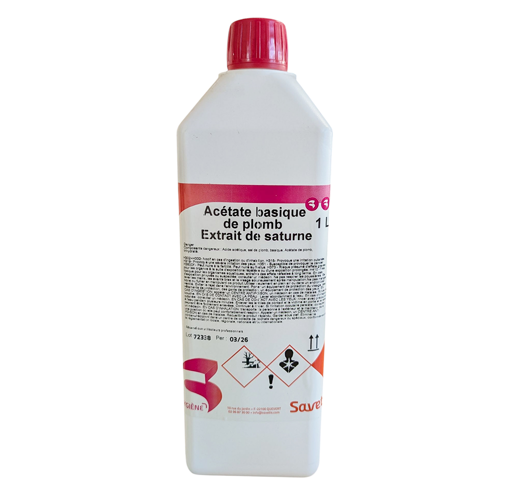 Bidon blanc de 1 litre de Sous-acétate de plomb (Extrait de Saturne) Savetis avec bouchon rouge et étiquette de danger.