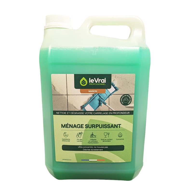 Grand bidon en plastique transparent de 5 Litres de détergent dégraissant carrelage Ménage Surpuissant Le Vrai Professionnel au liquide vert.