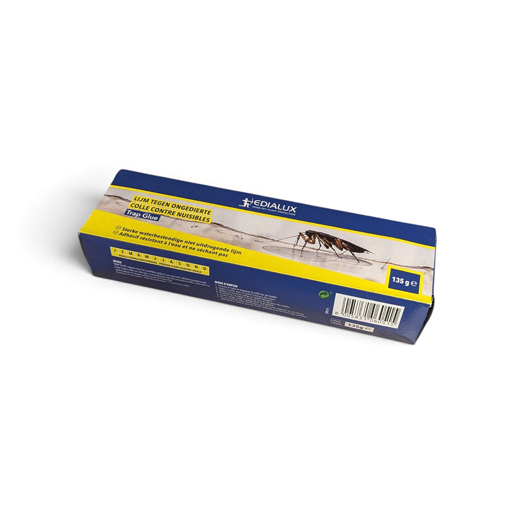 Boîte et tube de 135g de colle à rongeurs RAT GLUE Edialux, une colle incolore et inodore pour la fabrication de pièges à glu contre les rats et souris.